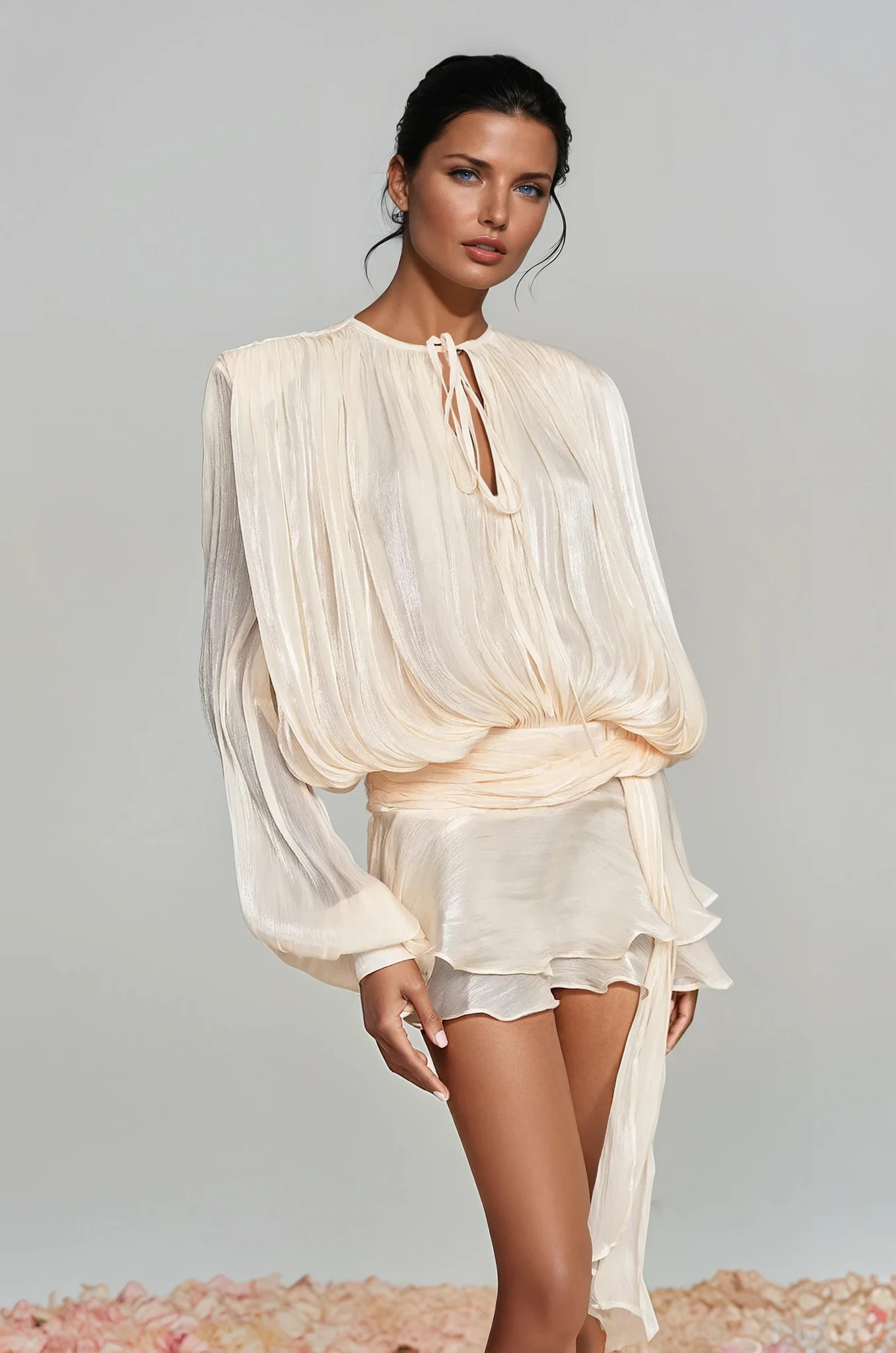 Aminah Balloon Sleeve Ruch Ruffle Mini Dress In Apricot