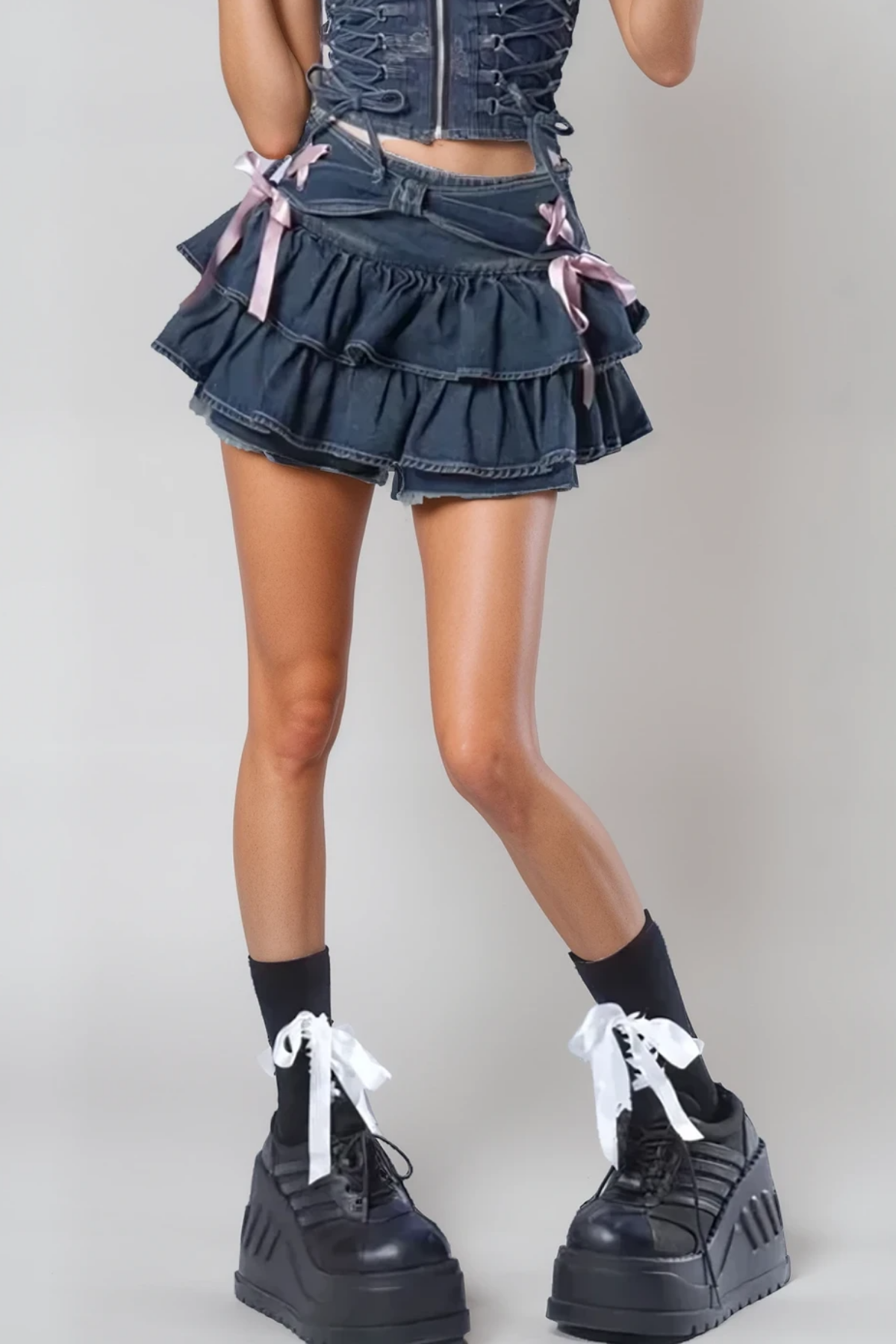 Angelia Ruffle Bow Ruch Denim Skirt