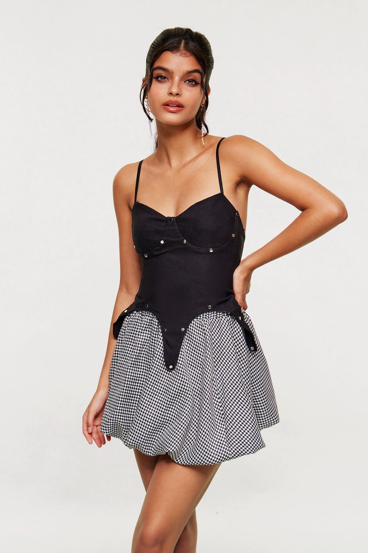 Arabeth Studded Spaghetti Houndstooth Skirt Set