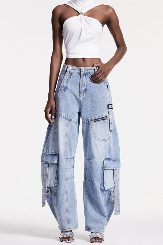 Arella Asymmetric Buckle Wide Cargo Jeans In Blue