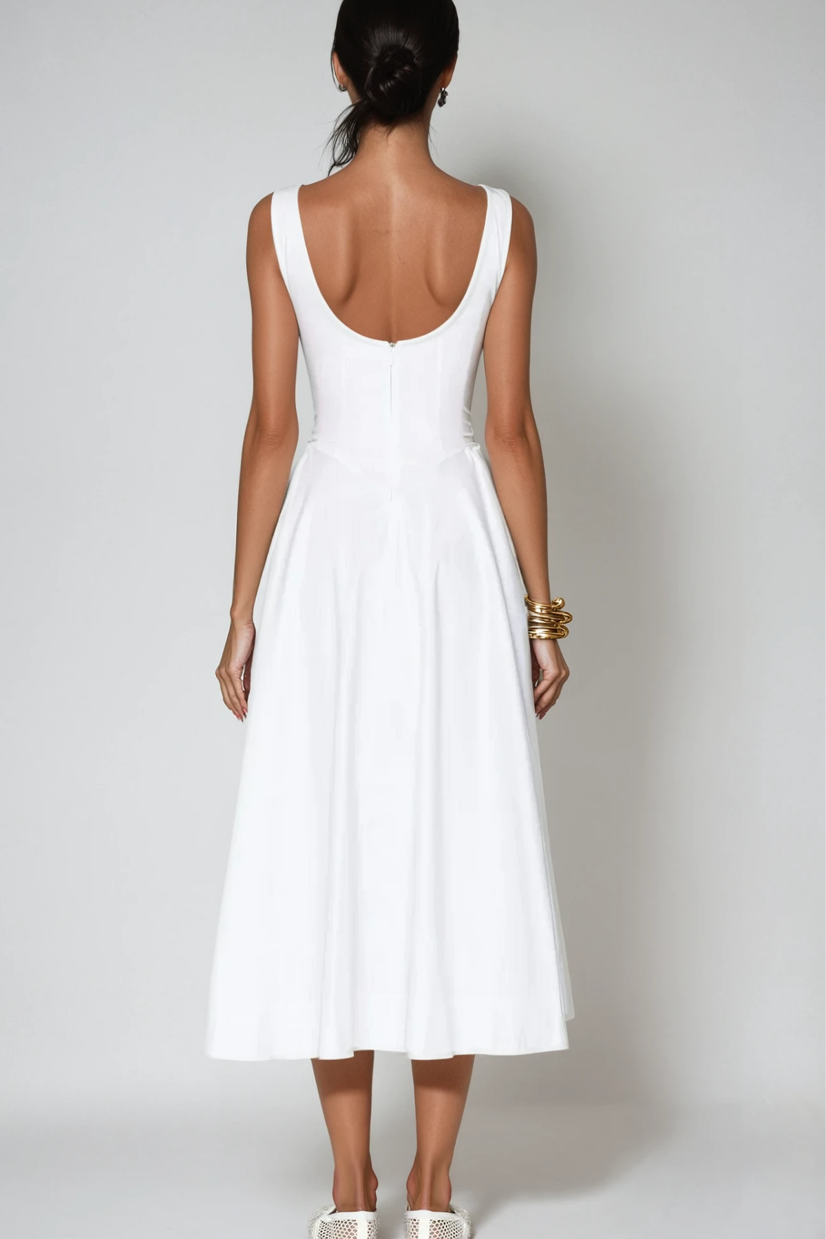 Argyle Ruffle Backless Midi Dress In White