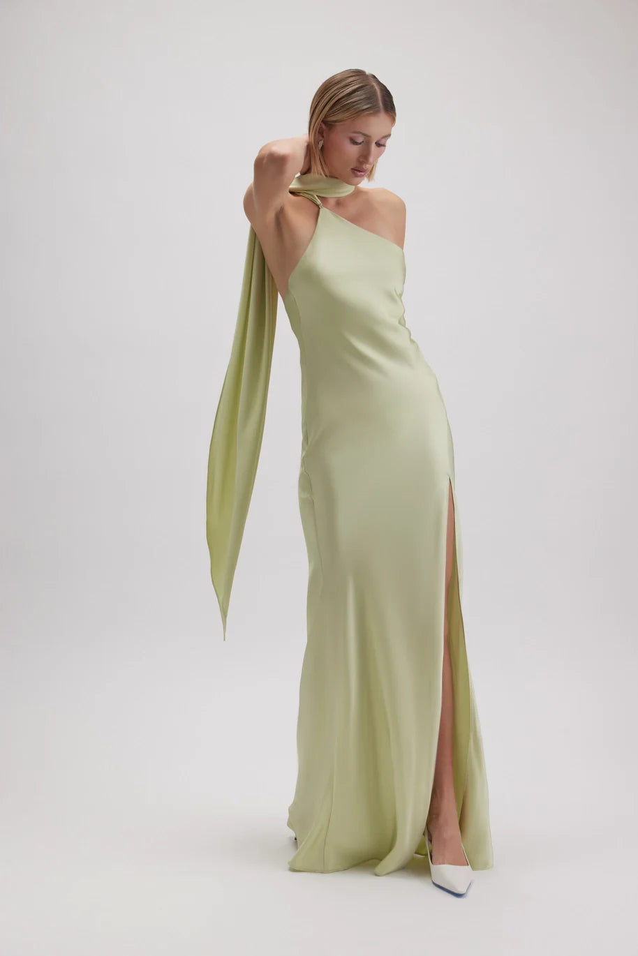 Asymmetric Halter Drape Scarf Slit Maxi Dress