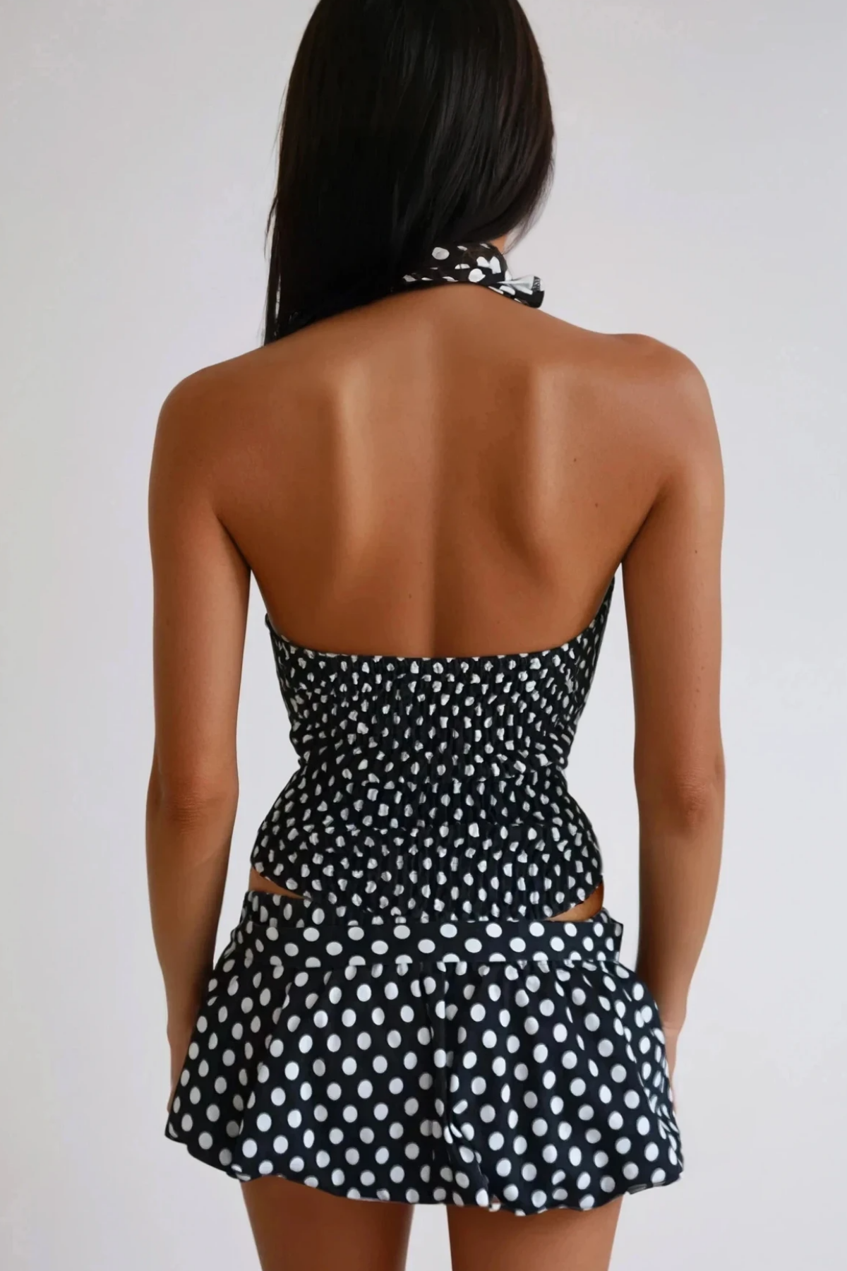 Bartek Dot Halter Neck Bow Skirt Set In Black