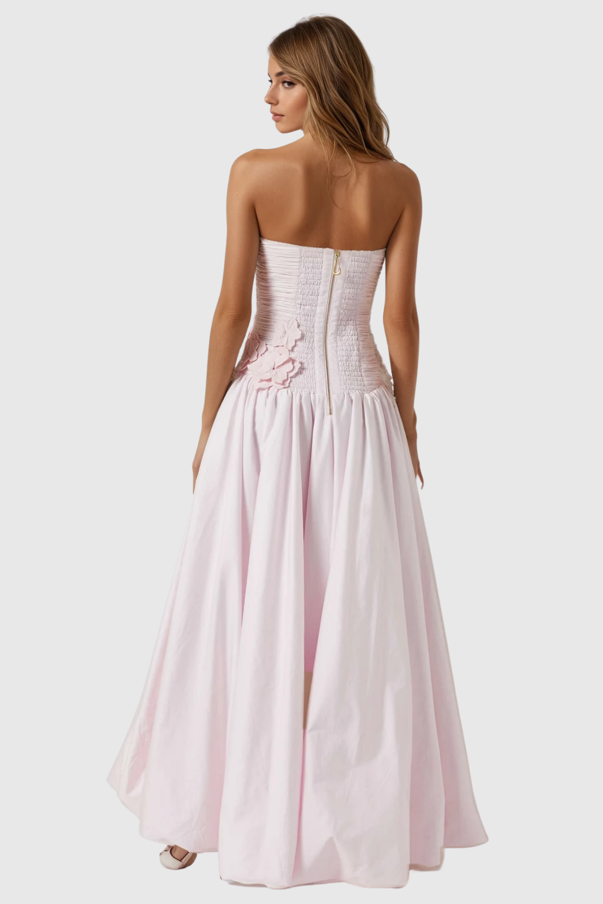 Batsheva Strapless Flower Ruch Puffy Maxi Dress