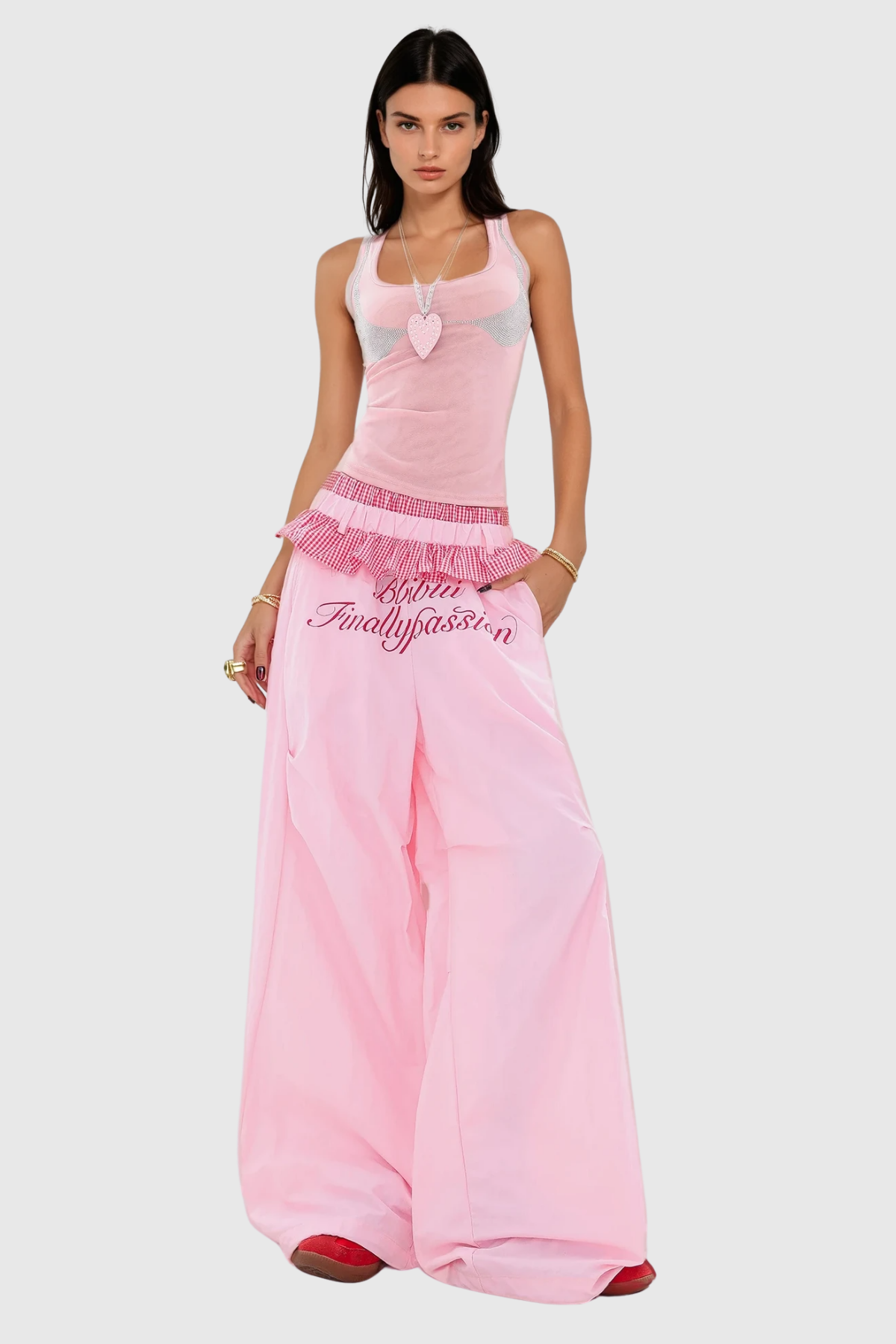 Bautista Ruffle Print Wide Leg Pants In Pink