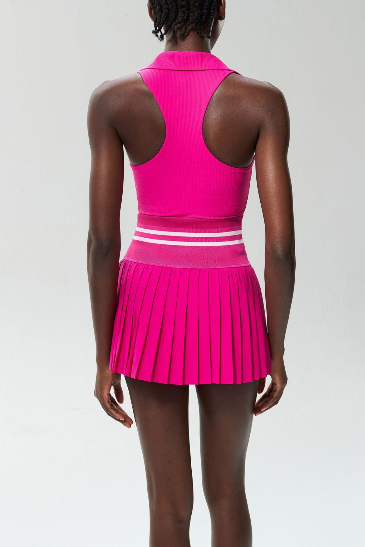 Beil Lapel Sleeveless Ruch Stripe Skirt Set In Hot Pink
