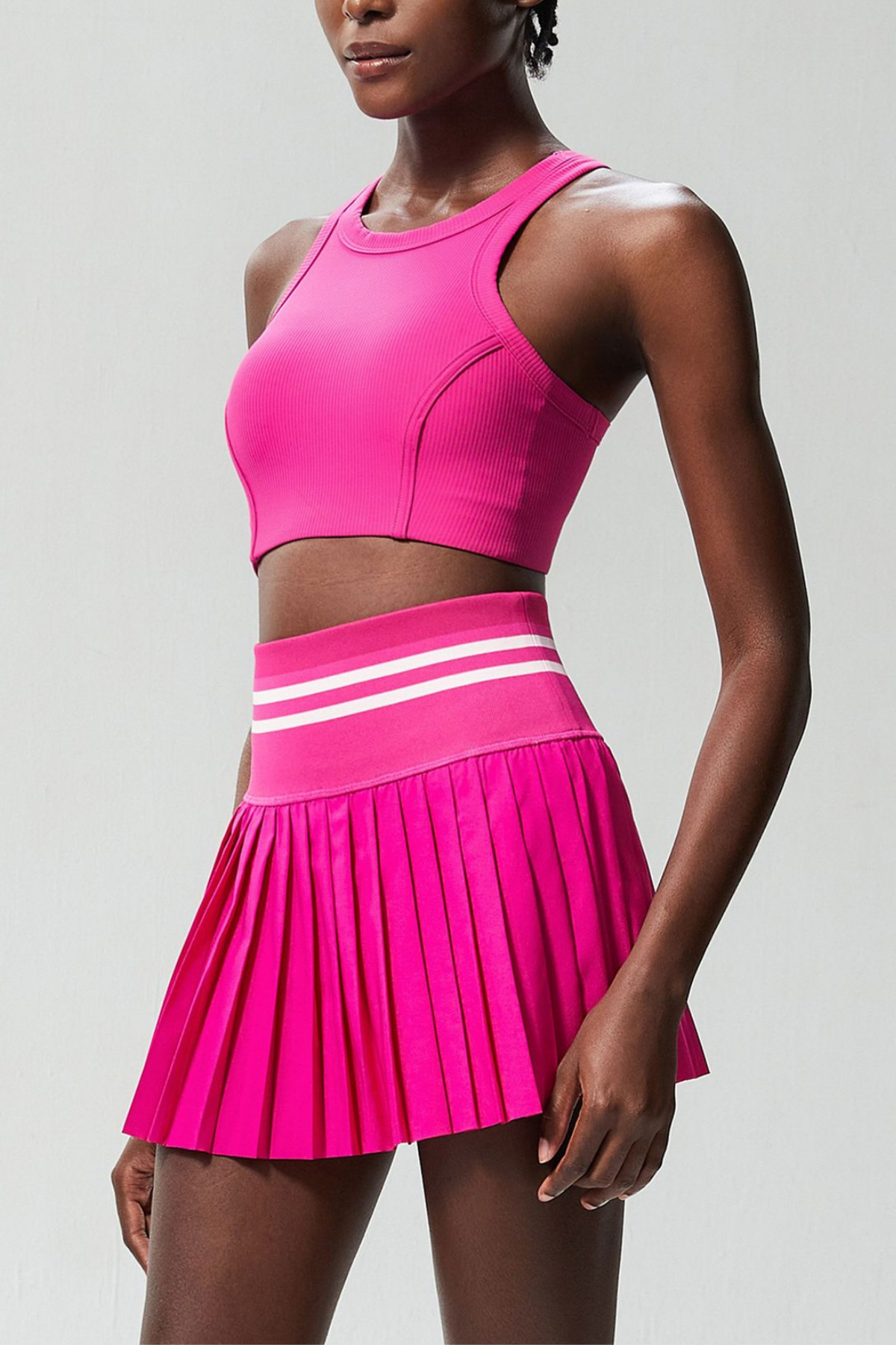 Beile Stripe Sleeveless Bodycon Ruch Skirt Set In Hot Pink
