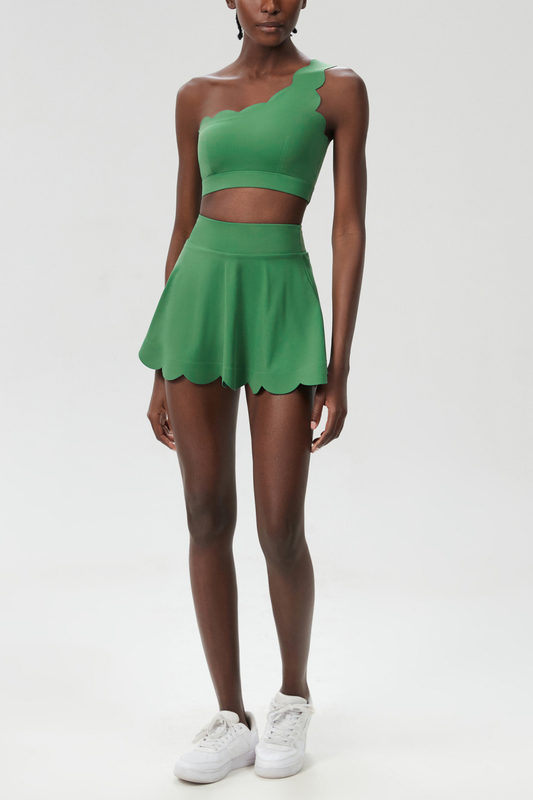 Belah One Shouder Wave Ruffle Skirt Set In Green