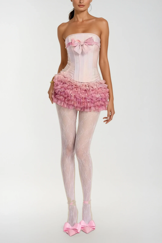 Bert Strapless Bow Mesh Ruffle Skirt Set