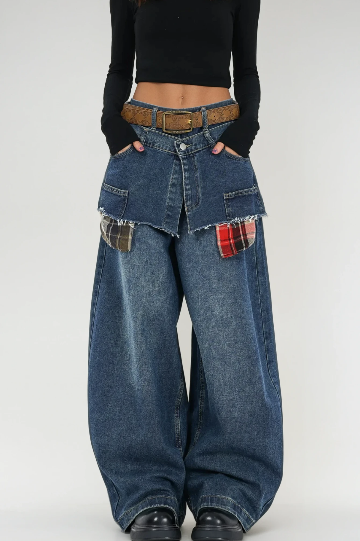 Bertie Deconstruct Plaid Wide Jeans