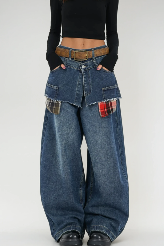 Bertie Deconstruct Plaid Wide Jeans