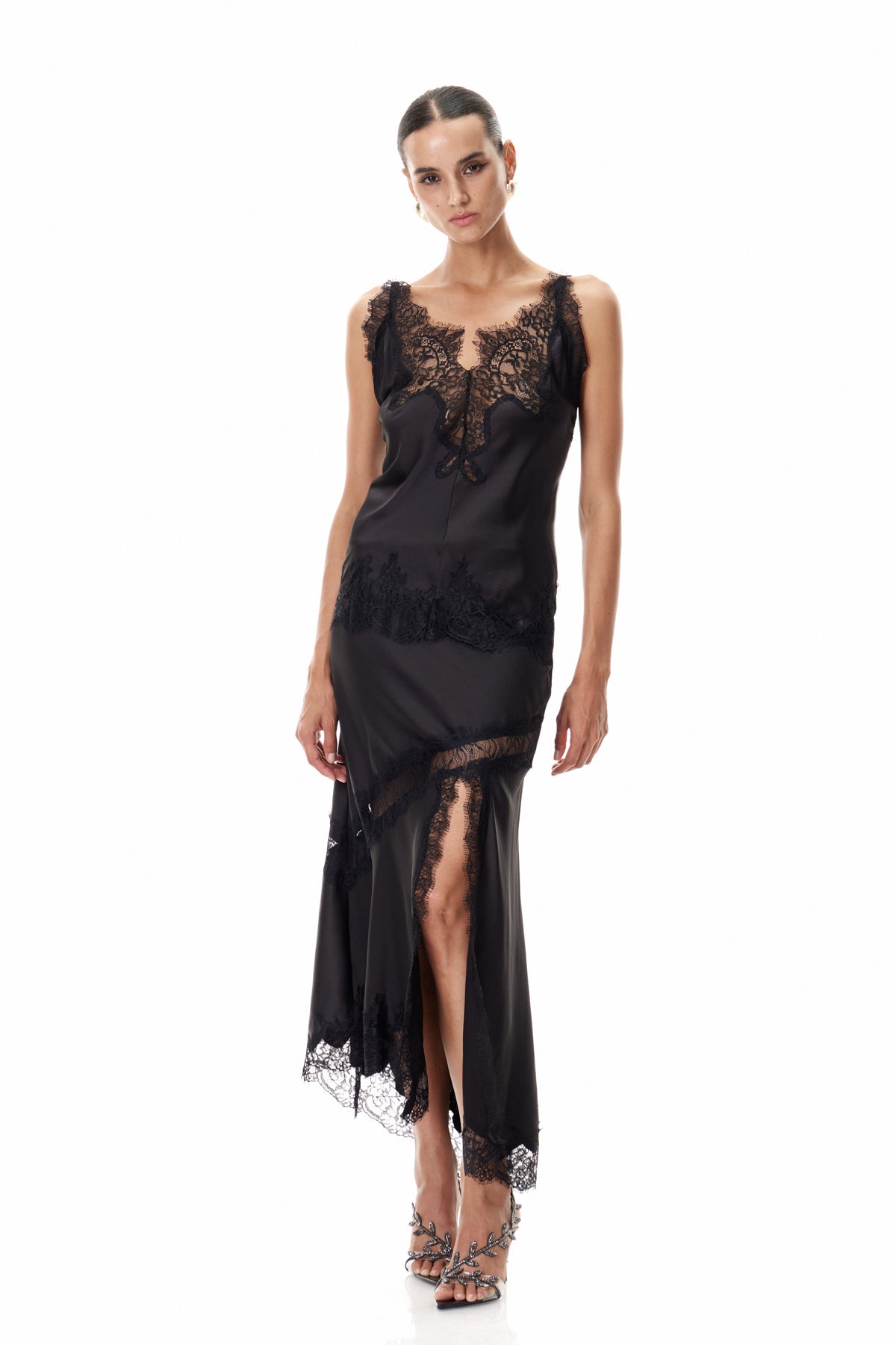 Bess Lace Satin Skirt In Black