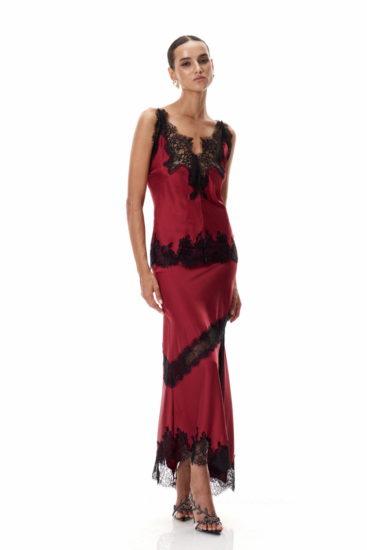 Bess Lace Satin Skirt In Red