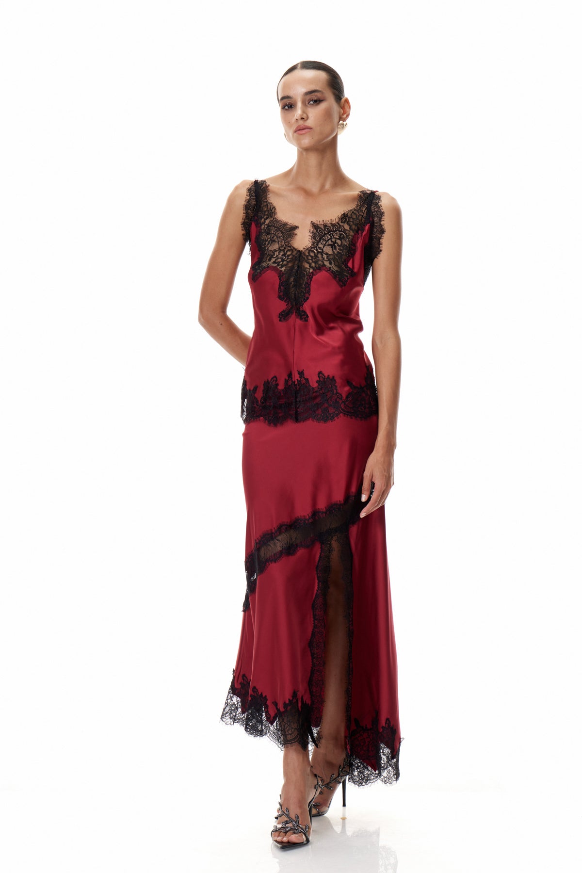 Bess Lace Satin Skirt In Red