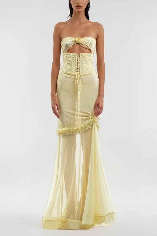Blodeuedd Cutout Mesh Corset Maxi Dress