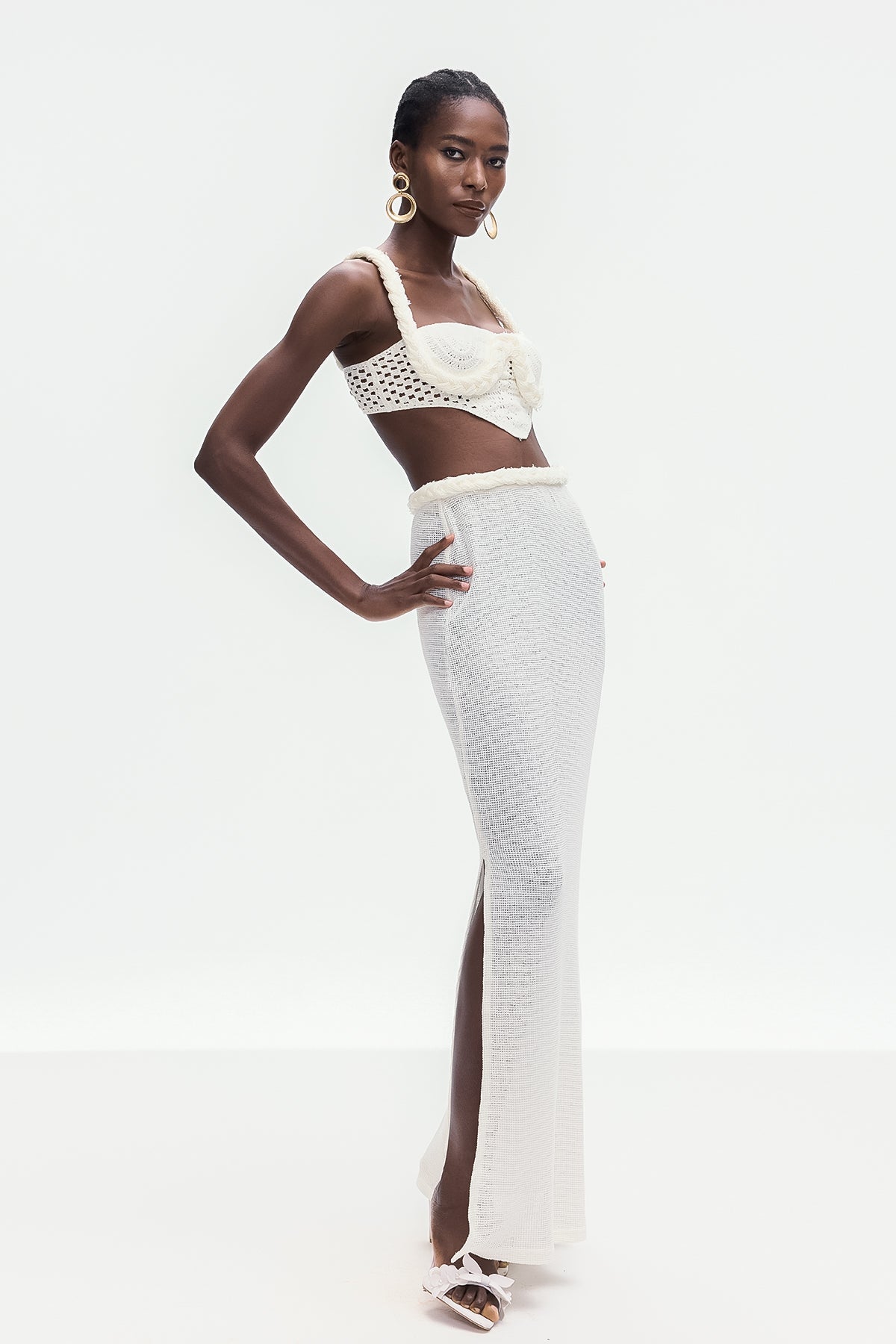 Bogdana Twist Cutout Knit Skirt Set In White