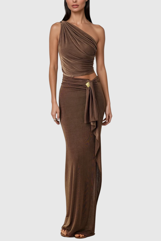 Brahma Ruch One Shouder Split Skirt Set