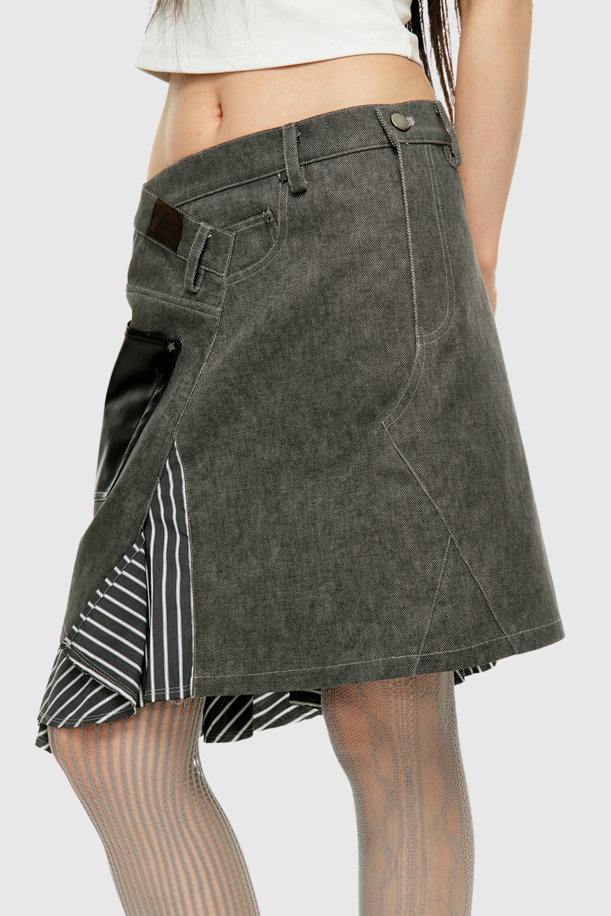 Branda Asymmetric Stripe Midi Skirt In Grey