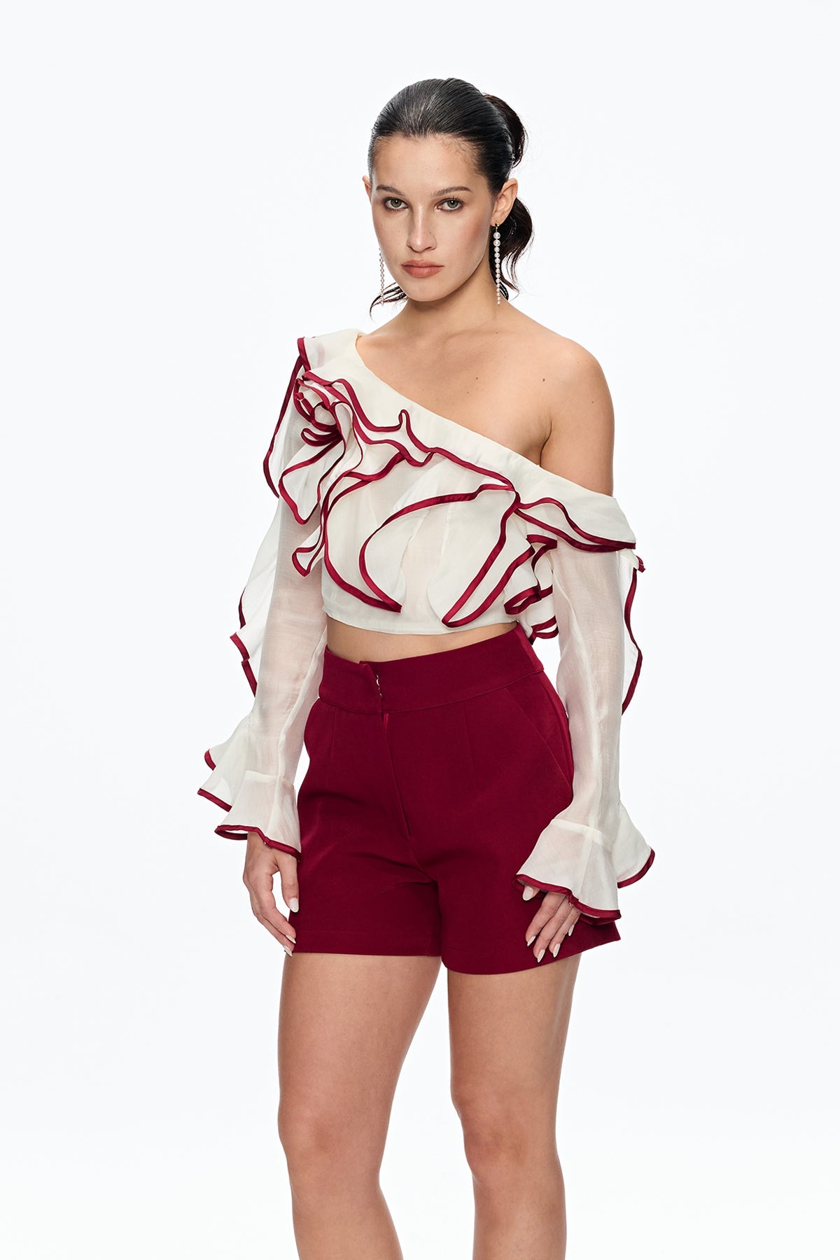 Cafer One Shouder Ruffle Pants Set