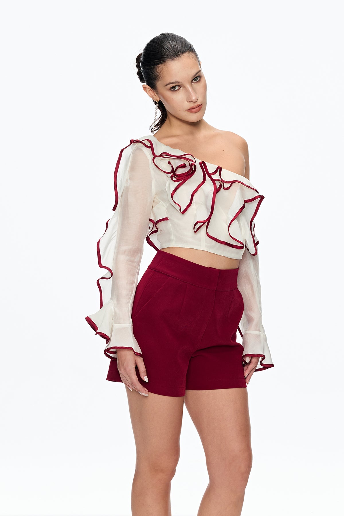 Cafer One Shouder Ruffle Pants Set