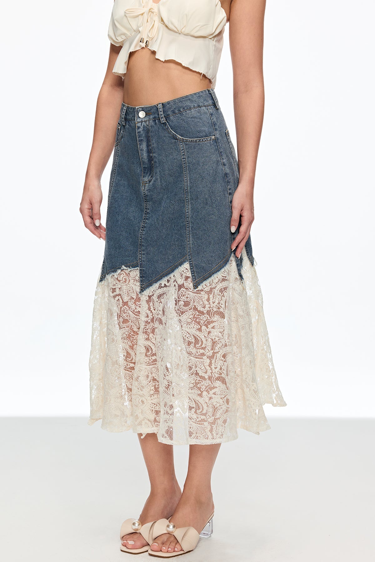 Cain Lace Denim Midi Skirt