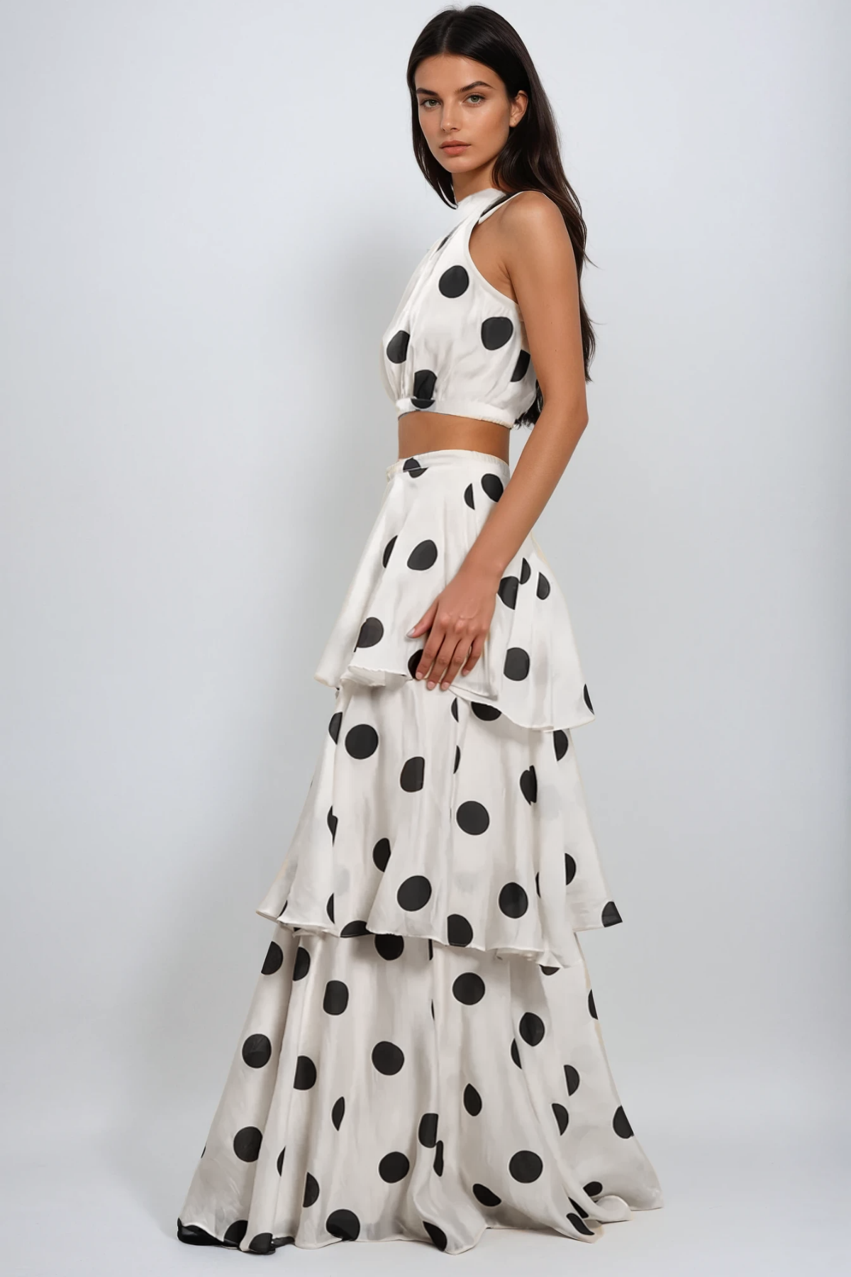Camal Dot Ruffle Skirt Set