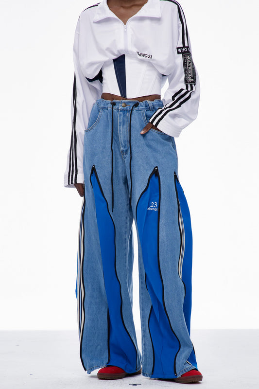 Caprina Deconstruct Zipper Stripe Jeans In Blue