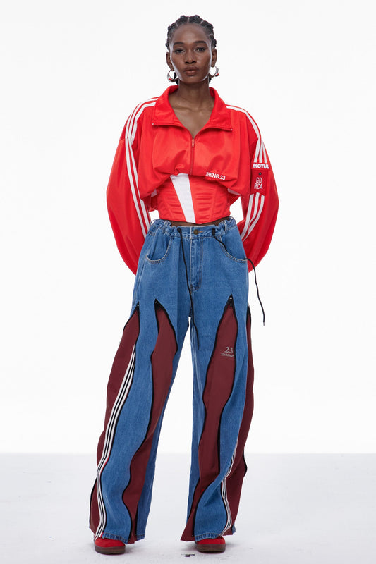 Caprina Deconstruct Zipper Stripe Jeans In Deep Red