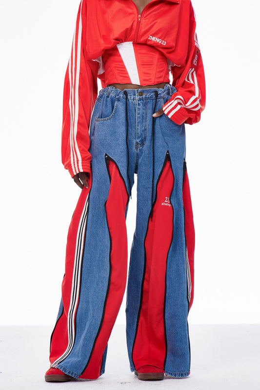 Caprina Deconstruct Zipper Stripe Jeans In Red