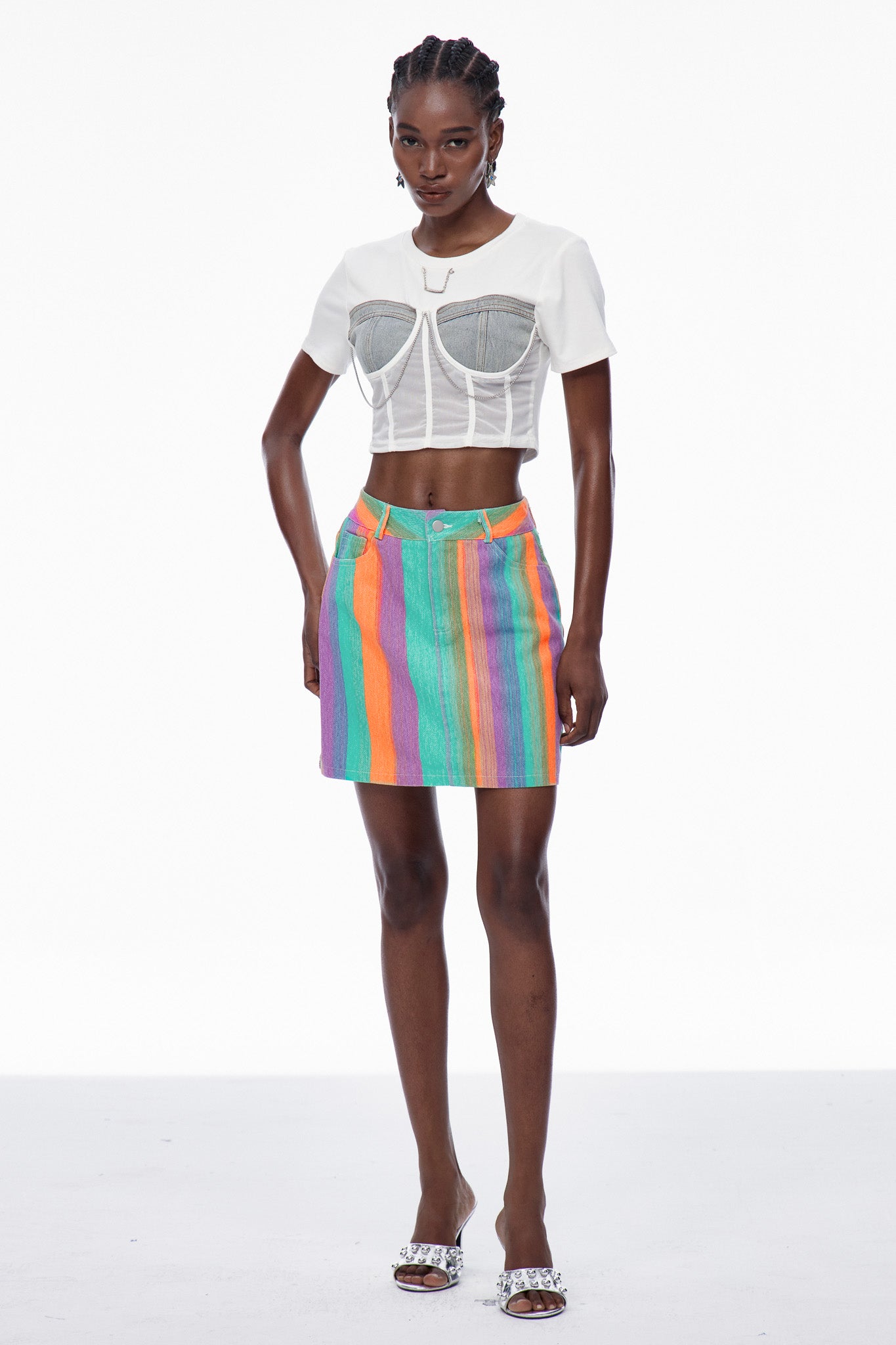 Cara Stripe Denim Mini Skirt In Green