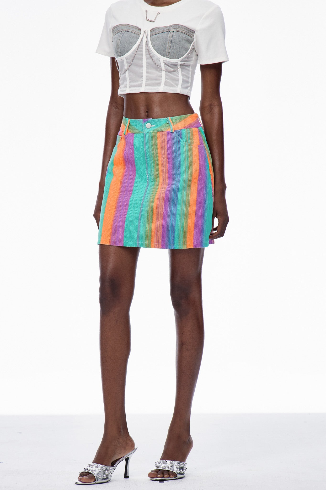 Cara Stripe Denim Mini Skirt In Green