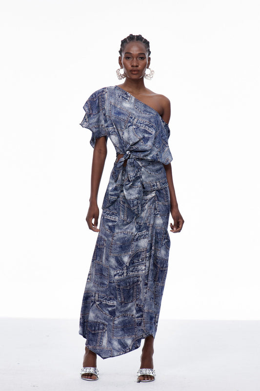 Carey Print One Shouder Tie Up Skirt Set