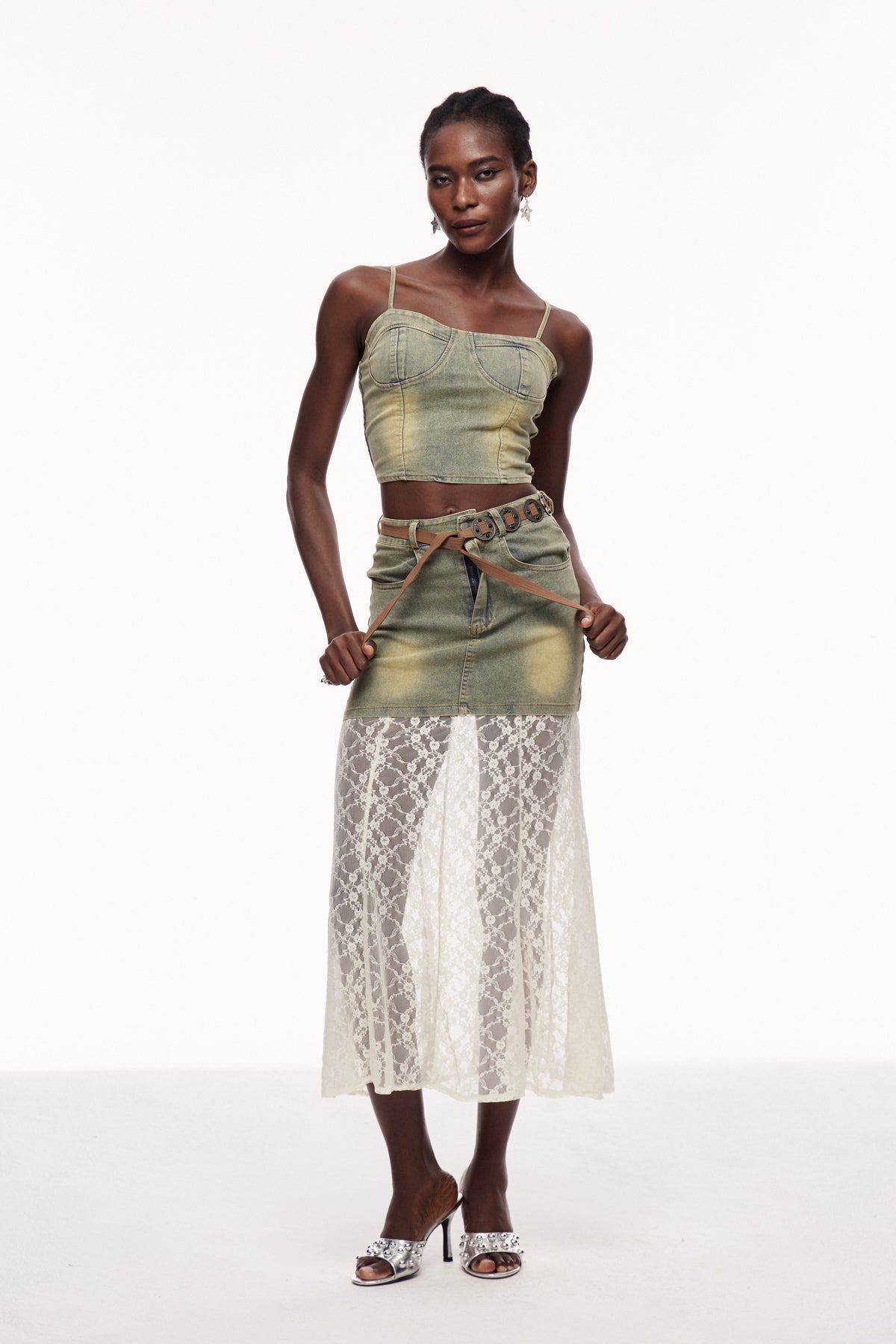 Cengiz Spaghetti Lace Denim Skirt Set