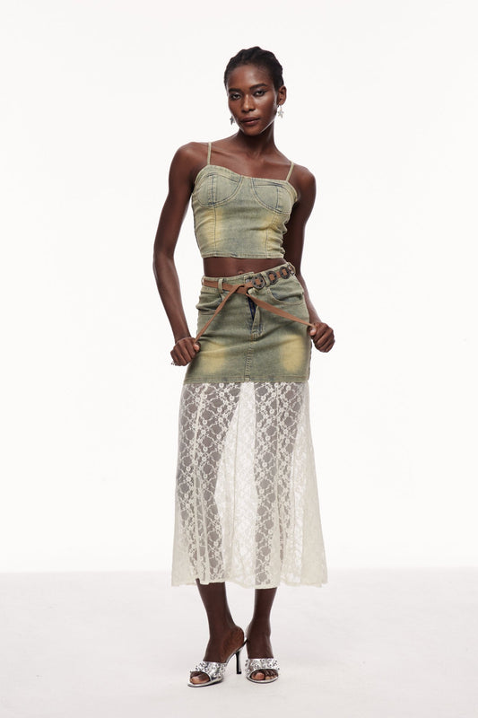 Cengiz Spaghetti Lace Denim Skirt Set