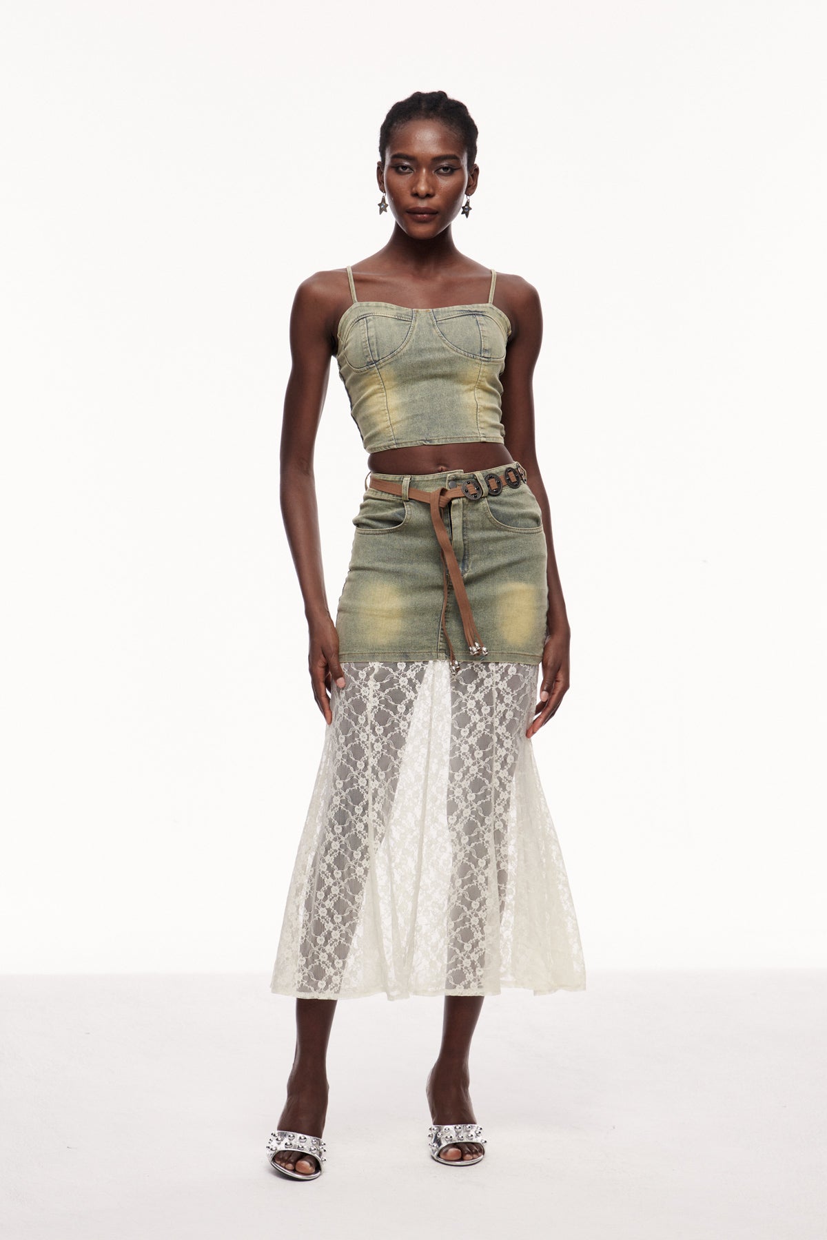 Cengiz Spaghetti Lace Denim Skirt Set
