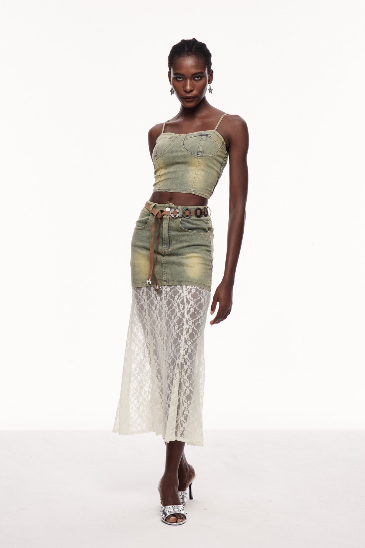 Cengiz Spaghetti Lace Denim Skirt Set