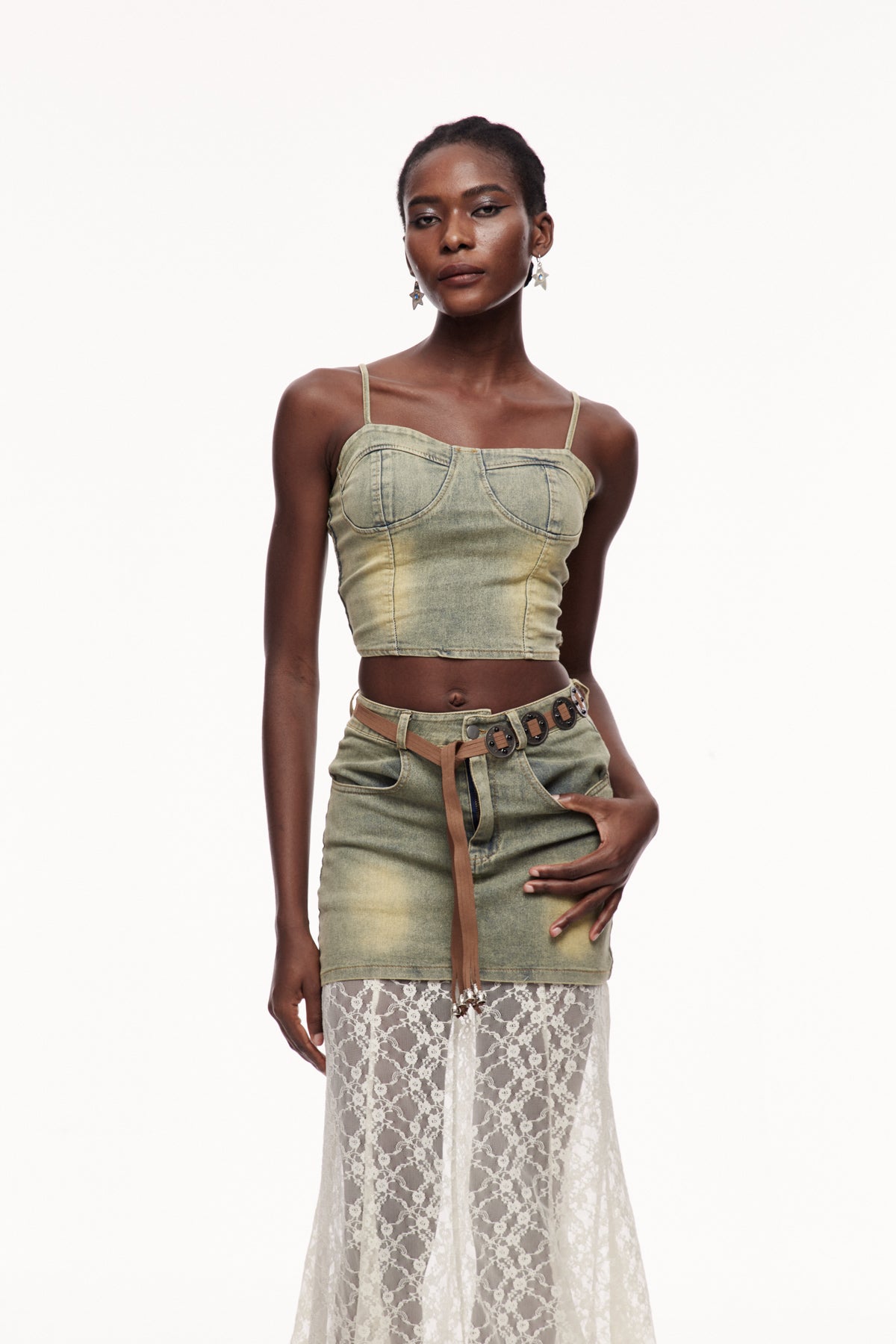 Cengiz Spaghetti Lace Denim Skirt Set