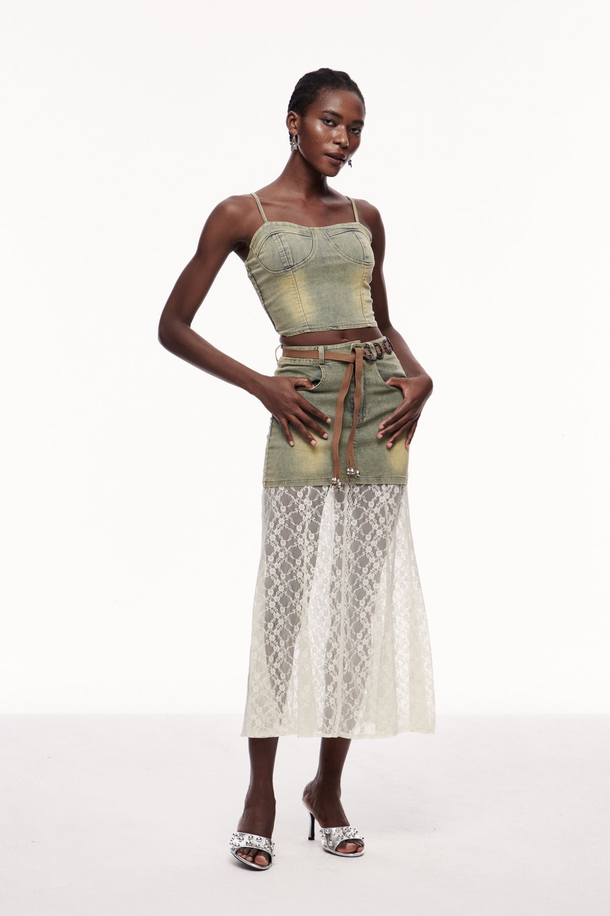 Cengiz Spaghetti Lace Denim Skirt Set