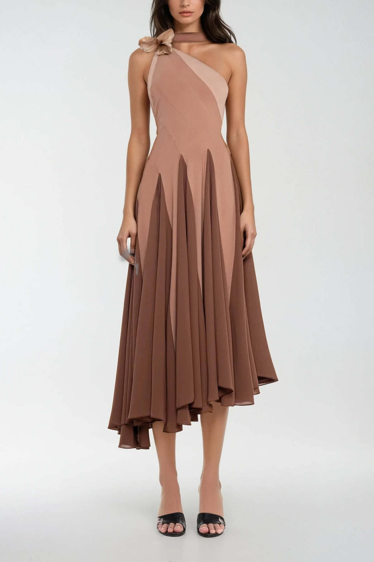 Chip One Shoulder Asymmetric Ruffle Midi Dress