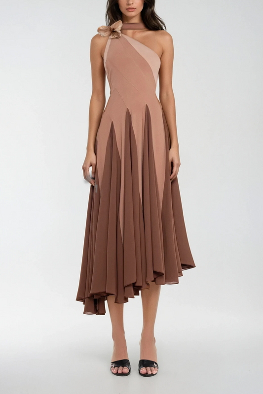 Chip One Shoulder Asymmetric Ruffle Midi Dress
