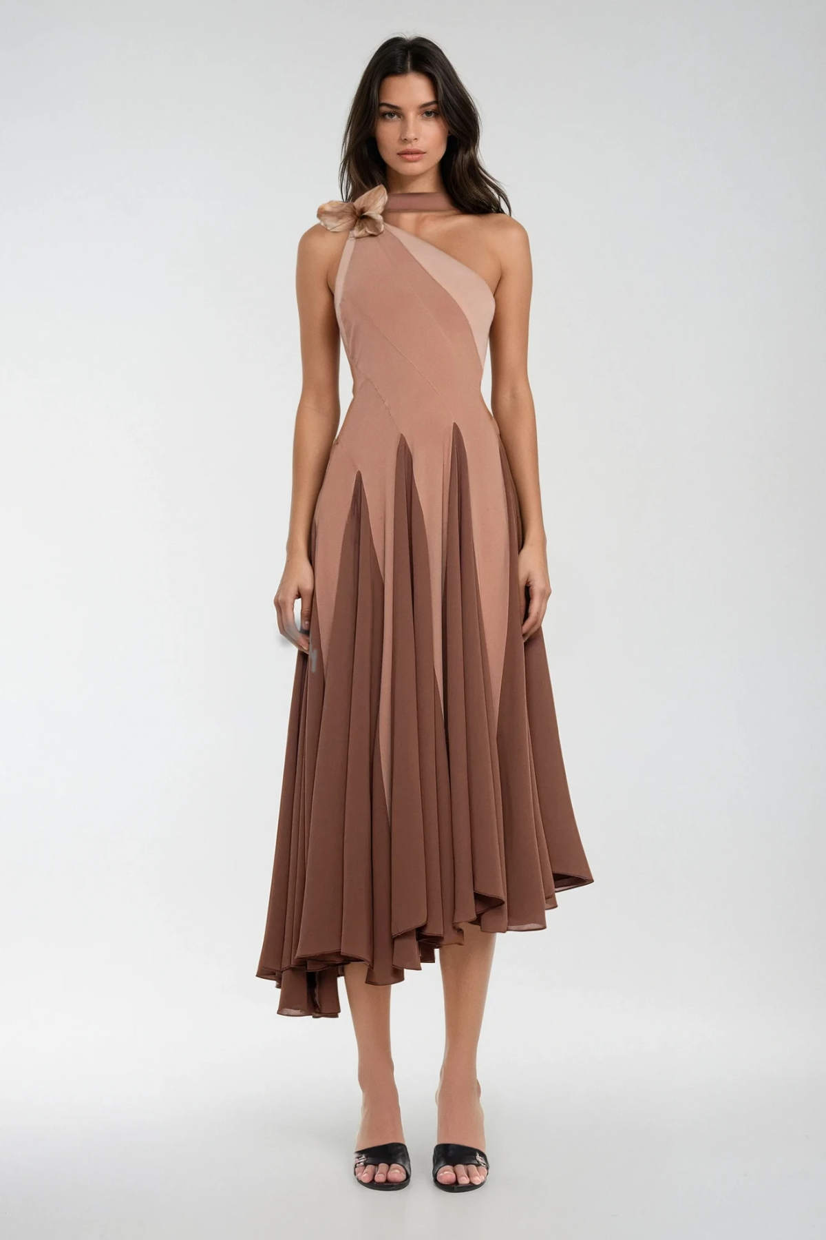 Chip One Shoulder Asymmetric Ruffle Midi Dress