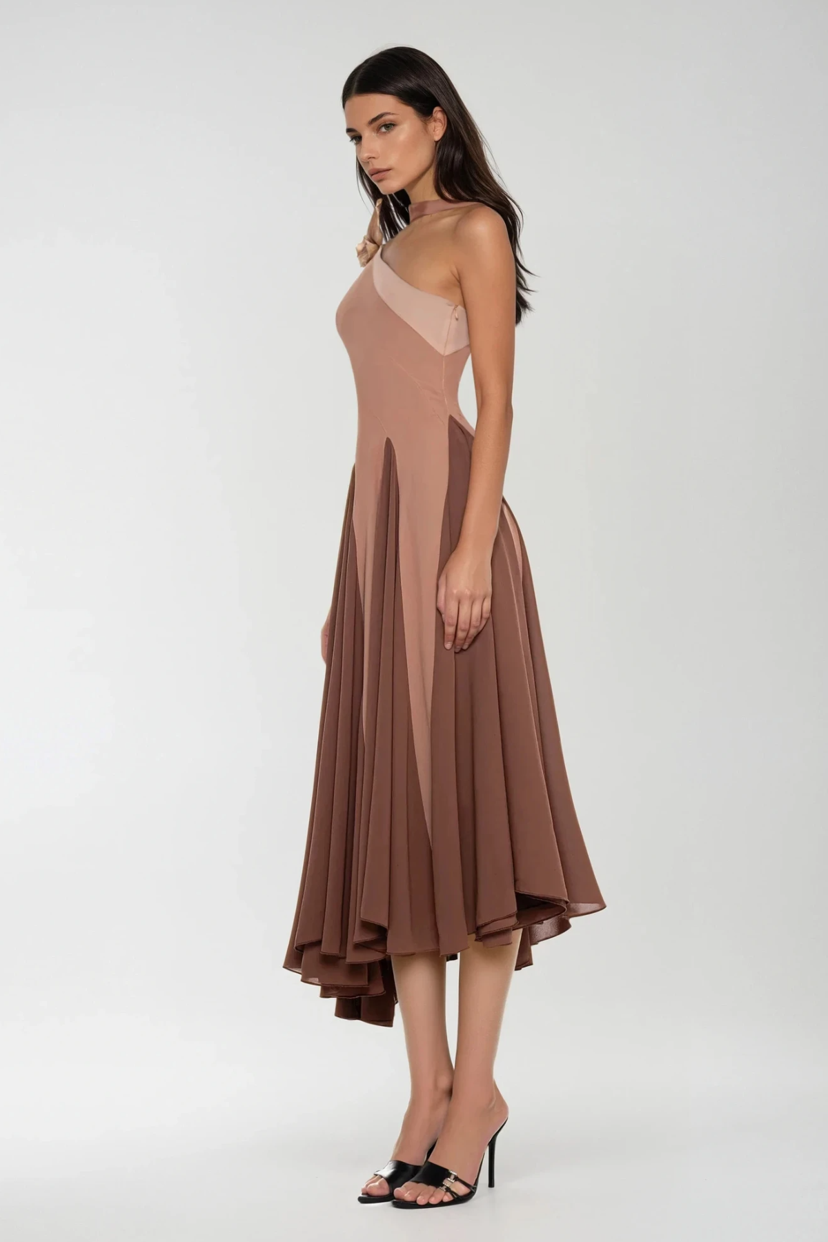 Chip One Shoulder Asymmetric Ruffle Midi Dress