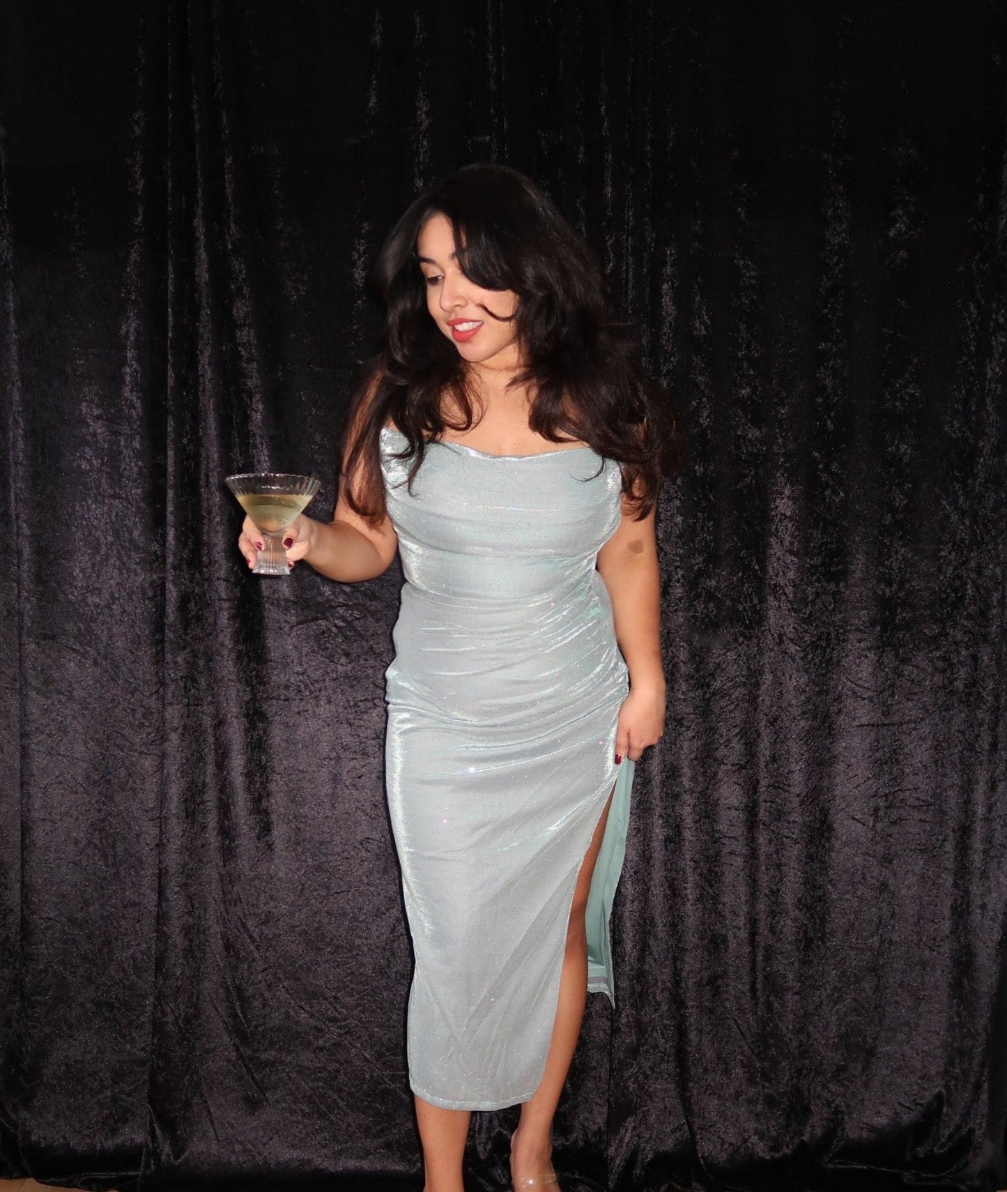 Lurex Rhinestone Cowl Neck Midi Dress