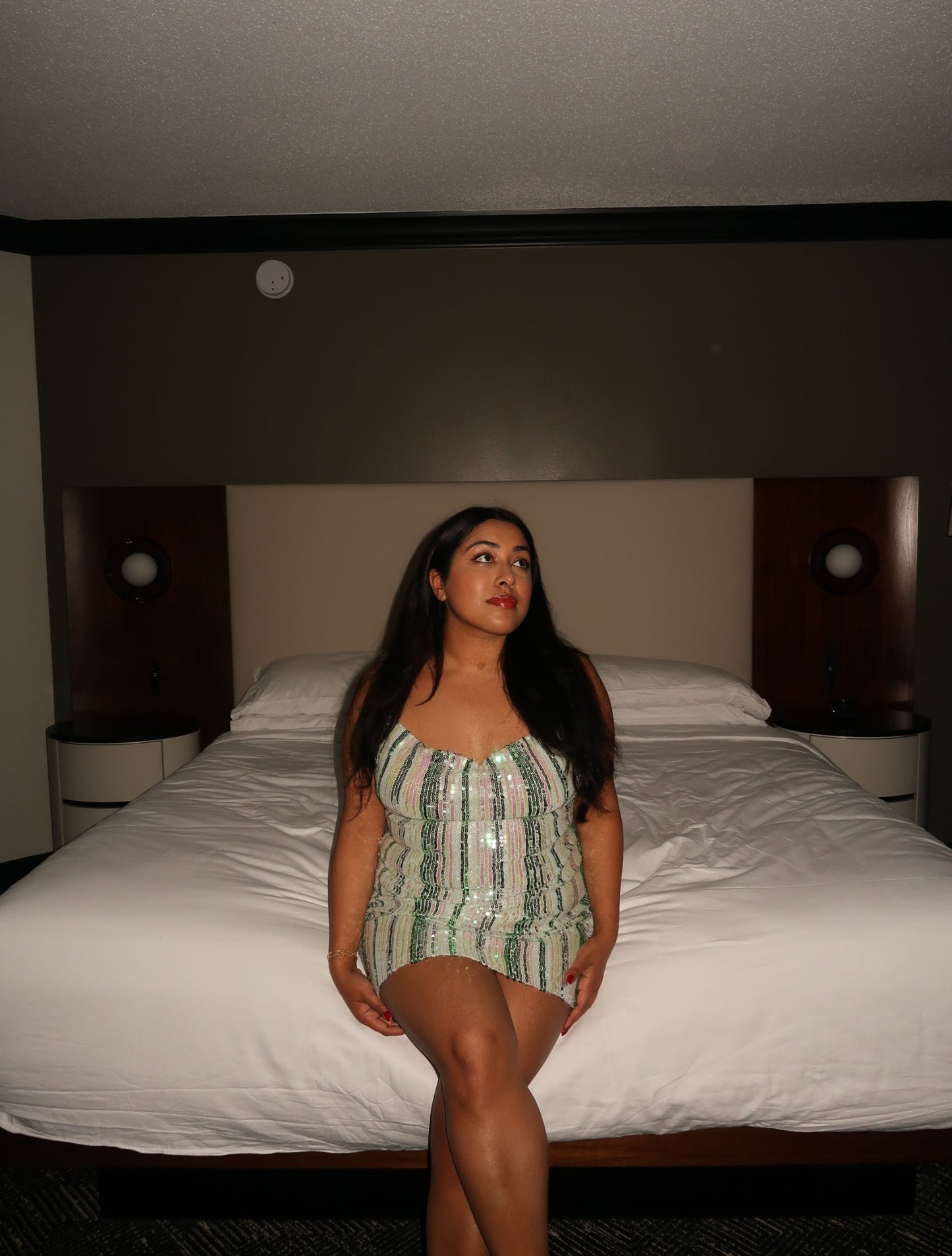 Cowl Neck Green and Silver Sequin Dress