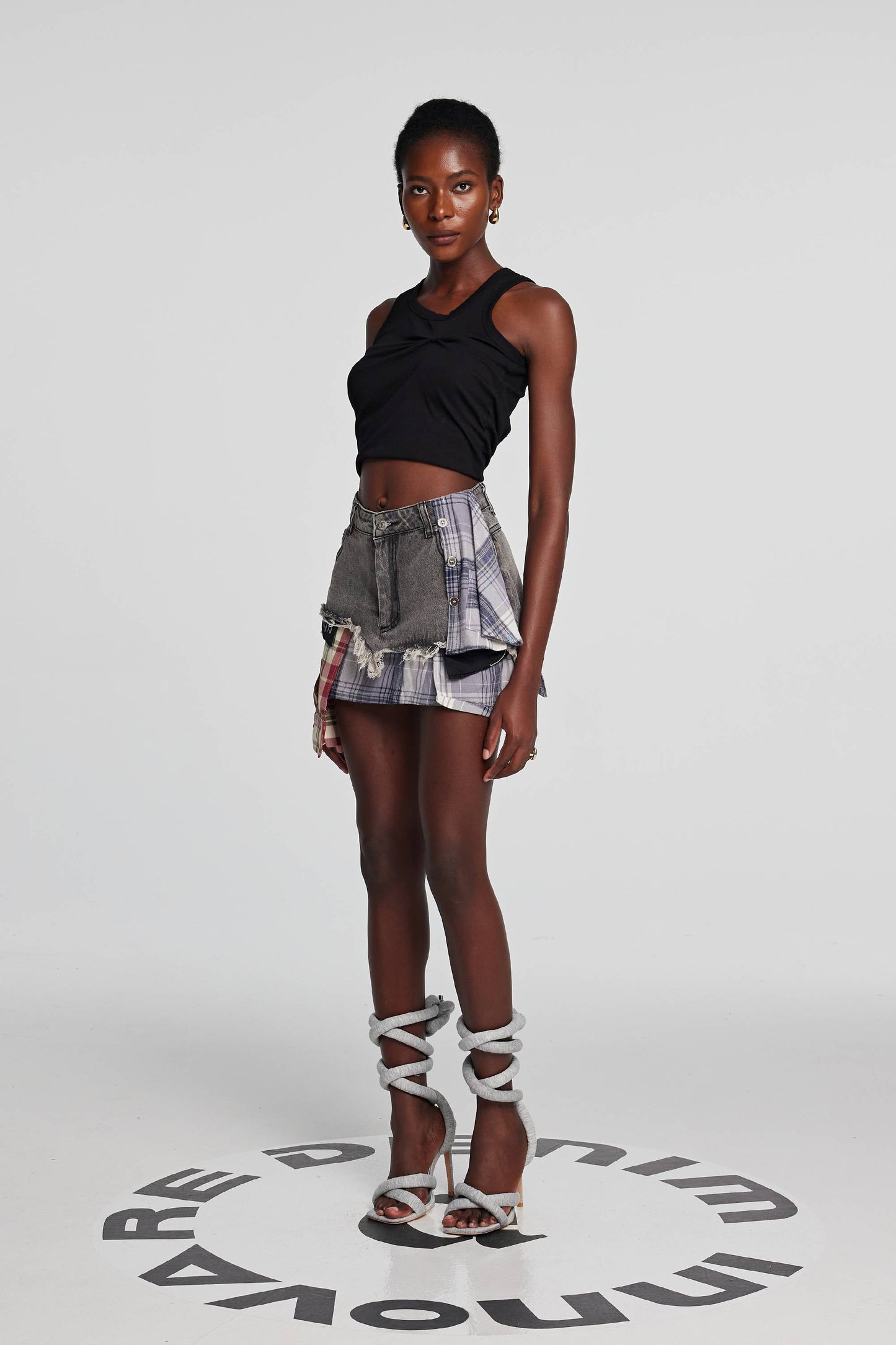 Kenna Grid Deconstruct Patchwork Mini Skirt In Black