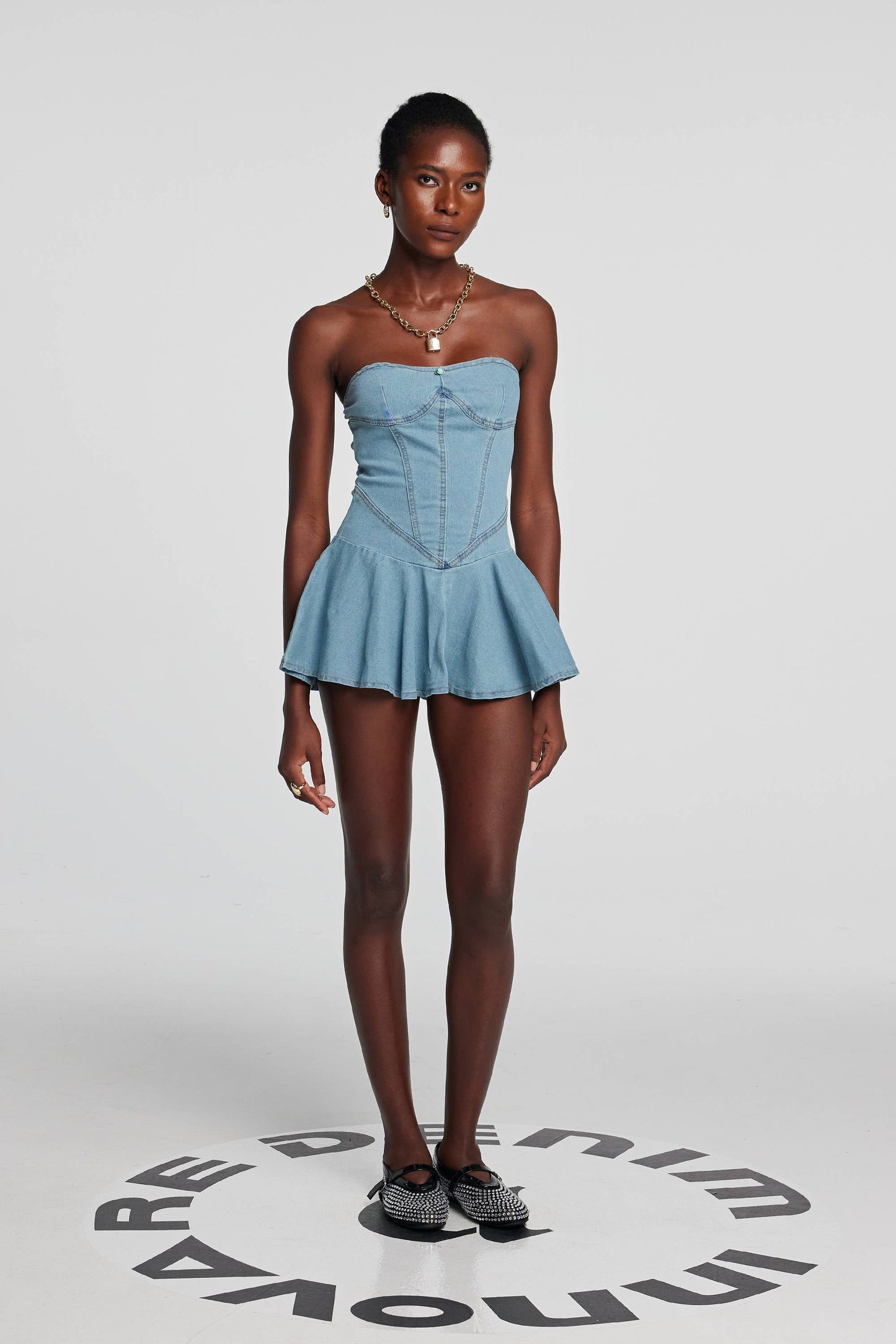 Leora Strapless Bodycon Denim Dress In Light Blue