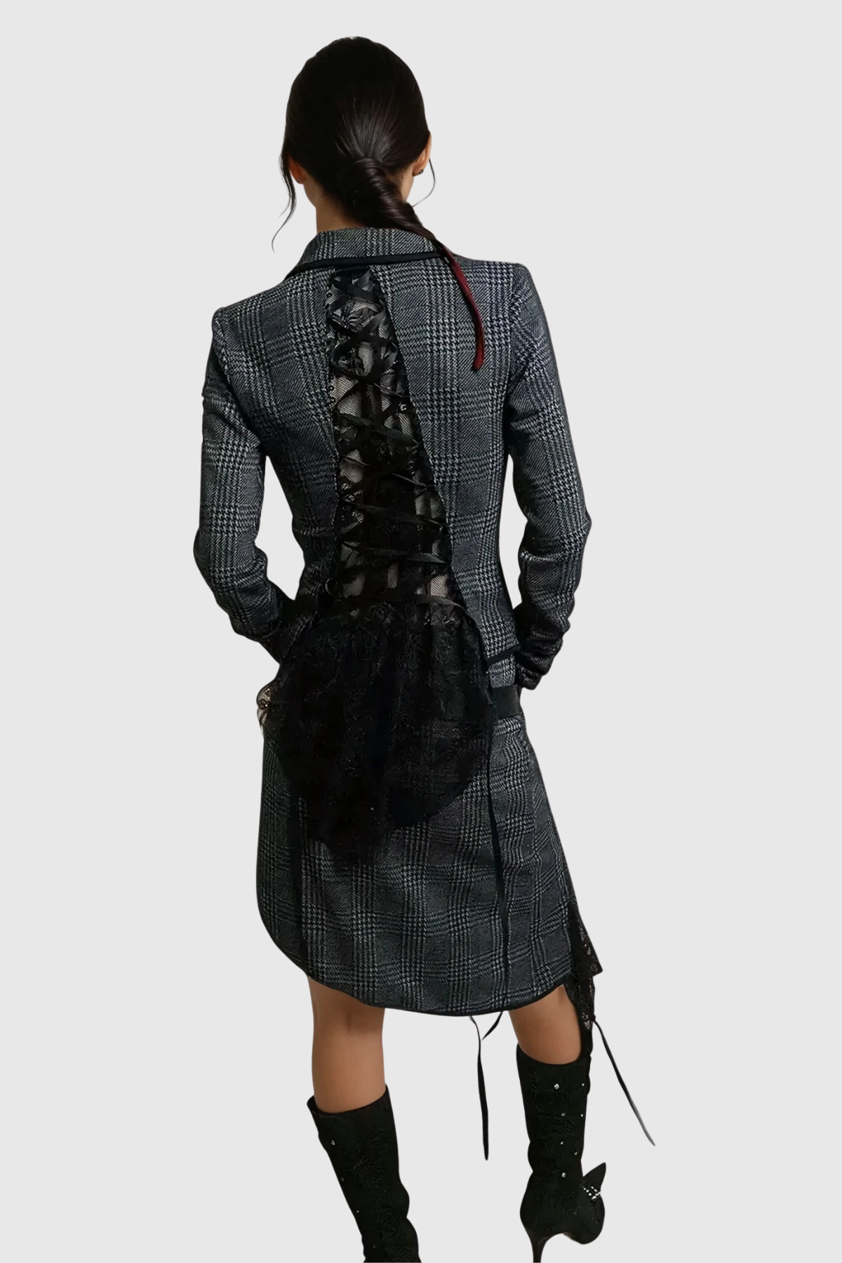Zafar Grid Lace Backless Lapel Skirt Set