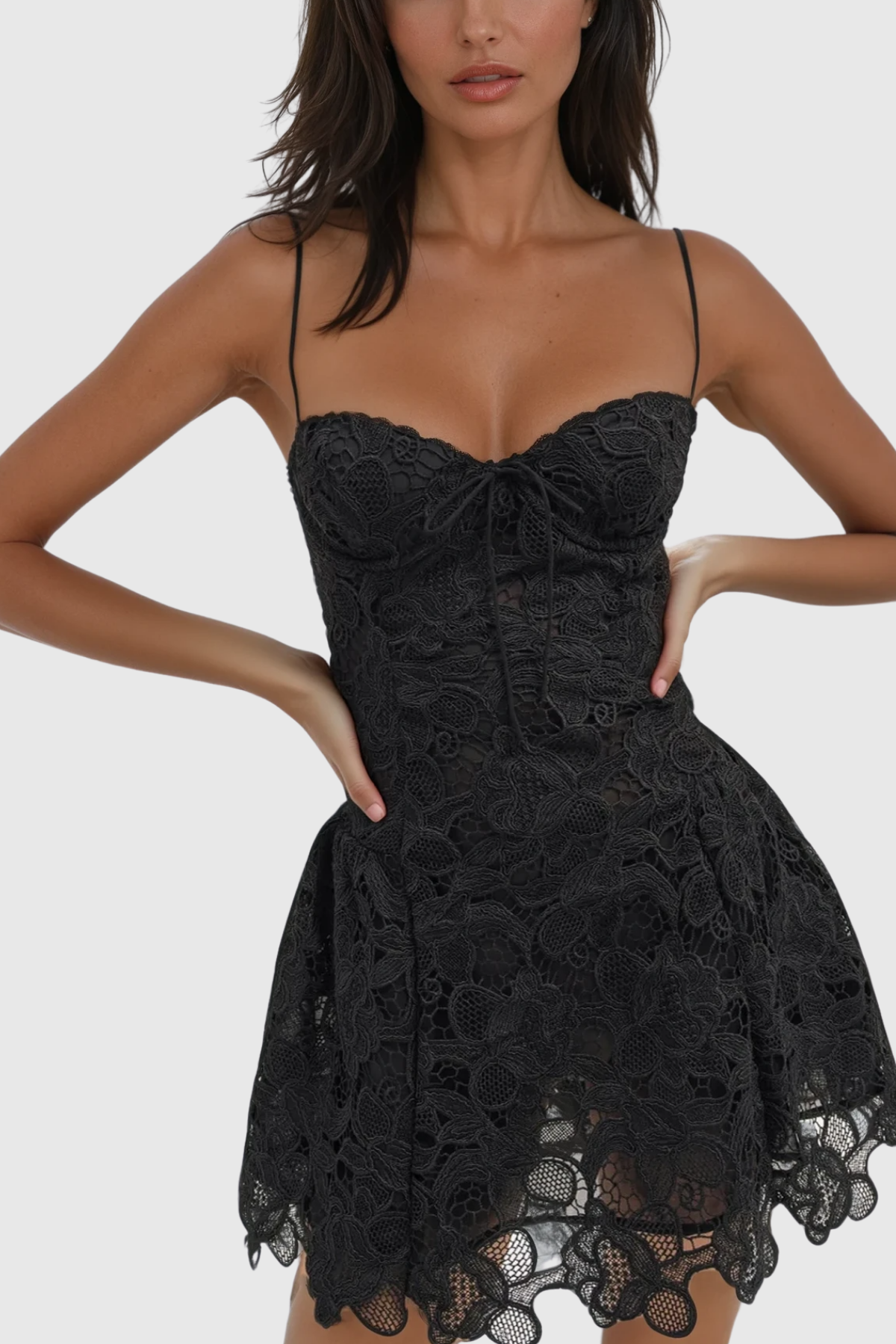 Zamira Spaghetti Lace Mini Dress In Black