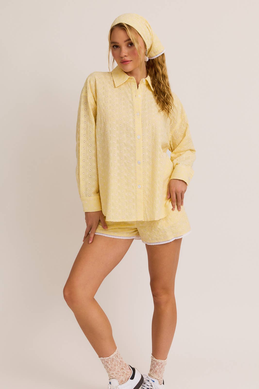 Butter Yellow Eyelet Button Down, Lace Trim Shorts, & Head Scarf (3pc set)