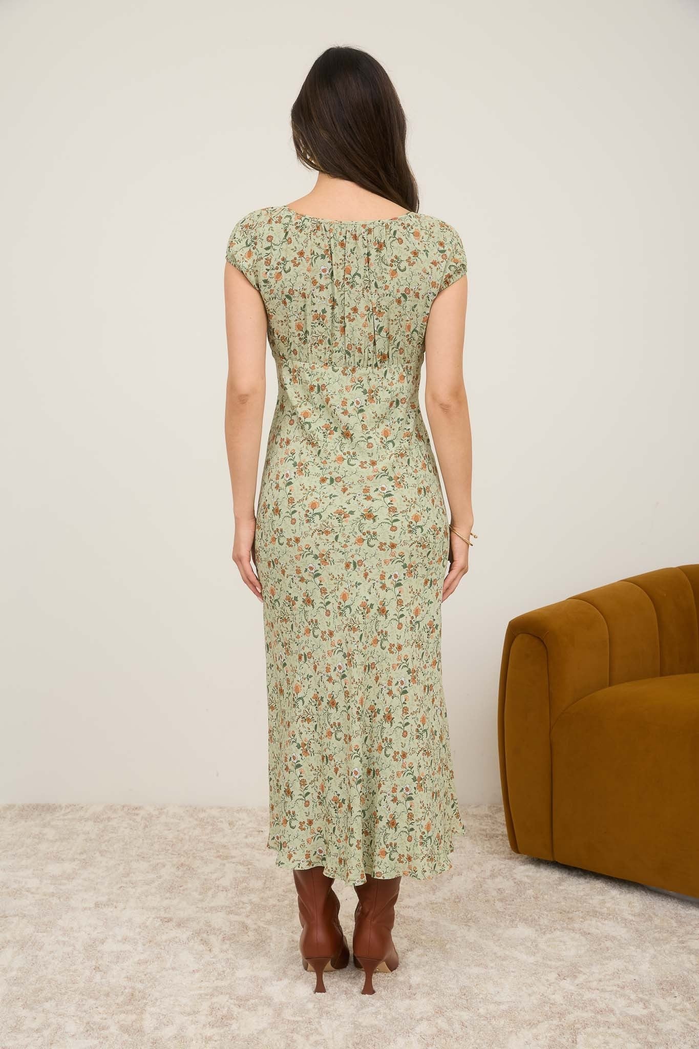 Autumn Bloom Midi Dress — Cream & Sage